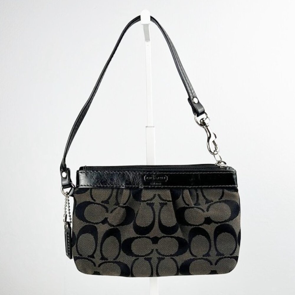 Coach Y2K Pleated Black Canvas Leather Trim Monogram Logo Wristlet